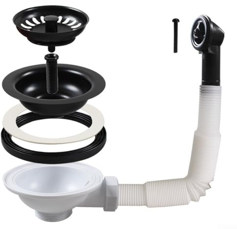 Set di filtri di scarico per lavello con tubo di troppopieno, in acciaio inox 304, rivestito di nero, 114 mm, per sistema di scarico del lavello della cucina