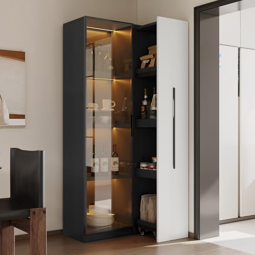 Dolamaní Vitrina de 70 × 40 × 160 cm con puertas de cristal de 4 capas y extensión lateral para espacio adicional e iluminación LED, vitrina de esquina para salón, dormitorio, oficina (negro + blanco