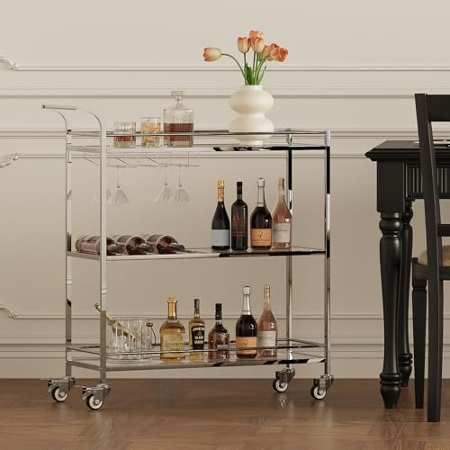 Alihdrna Bar Cart Silver, Home Bar Serving Cart, Modern Bar Cart with 3-Tier, Mobile Kitchen Shelf with Wine Rack and Glass Holder, Bar Carts for The Home, Dining Room