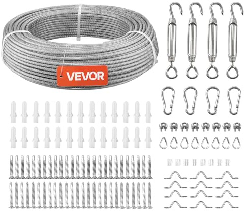 VEVOR Câble Acier Inoxydable 4,76 mm x 61 m Cable Inox 304 Kit Fil Tressé Inox Enduit PVC pour Garde-corps Terrasse, Treillis de Jardin, Guirlandes Lumineuses, Résistance à Rupture 7,1 kN, 7x7 Brins