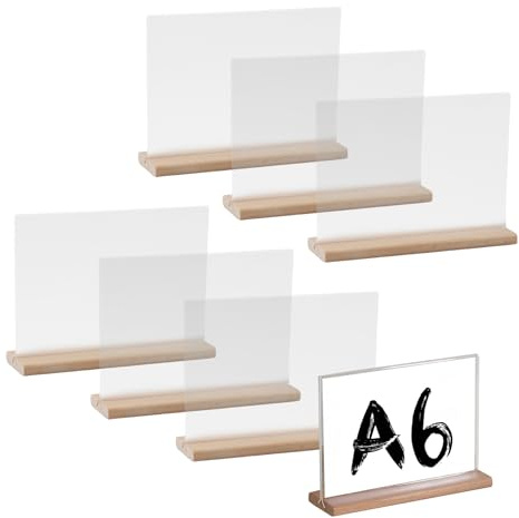 hocadon 6 Stück Tischhalter Acryl A6 Tischaufsteller mit Holzfuß | A6 Table Stands für Preisschilder, Menükarten, Ideal für Restaurants, Cafés, Büros
