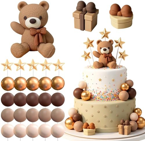 Bear Cake Decoration-27PCS Teddy Bear Cake Topper Beige Brown Balls Cake Topper Baby Shower Birthday Cake Decorations