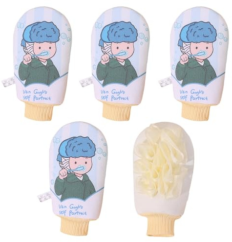 5PCS Bath Sponges Loofah Exfoliation Mitt with Double Sided Textured Fabric and Colorful Art Painting Design Multicolored Peeling Gloves