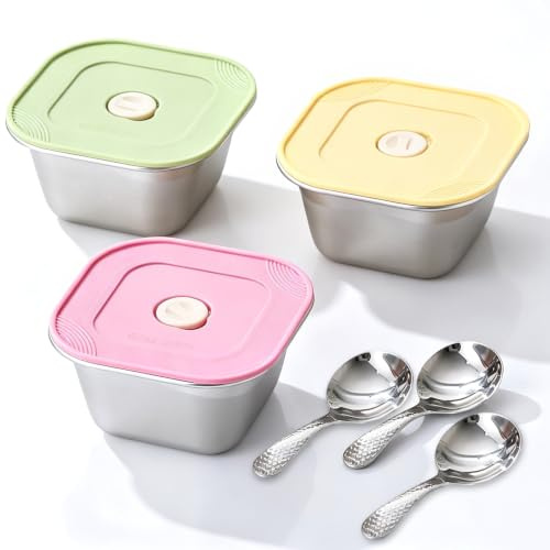 FARYODI Set di 3 contenitori per gelato in acciaio inox da 400 ml, bicchieri per gelato con coperchio e 3 cucchiai, contenitori riutilizzabili per gelato, yogurt congelato, sorbetto, frutta, torte