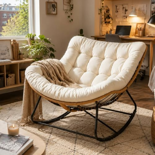 LIFERUN Schaukelstuhl mit Rattan, Ei-Schaukelstuhl, Belastung 150 kg, Beige | Schaukelsessel Oversized, mit dickem Abnehmbar Polster, Metallrahmen, Loungesessel für Garten Balkon Wohnzimmer