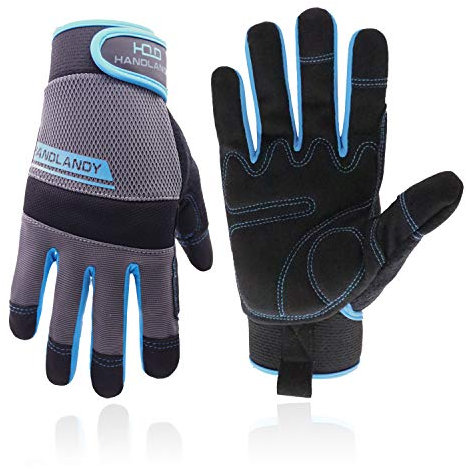 HANDLANDY Utility Work Gloves Mens & Women, Safety Mechanic Working Gloves Touch Screen, Flexible Breathable Yard Gloves (Medium, Blue-Men Size)