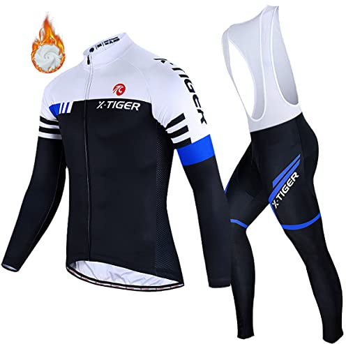 X-TIGER Ciclismo Inverno Termico Vello Completo Giacca Maglia Maniche Lunghe Maglietta Manica da Uomo 5D Gel Pantaloni Lunghi con Pettorina Set di Abbigliamento Ciclista