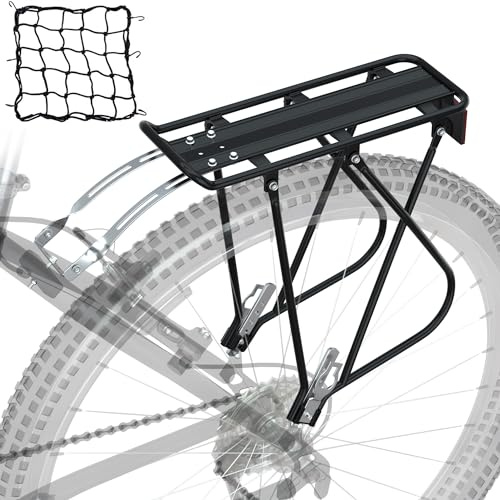 Bike Cargo Rack w/Bungee Cargo Net & Reflective Logo Universal Adjustable Bicycle Rear Luggage Touring Carrier Racks 55lbs Capacity Quick Release Mountain Road Bike Pannier Rack for 26-29 Frames