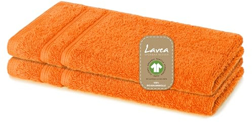Lavea® 2er Set Gästetuch 30 x 50 cm, Bali Gästehandtücher klein aus Baumwolle, saugstarkes Handtuch für Bad und WC, Gästehandtuch-Set, 100% GOTS Bio-Baumwolle, Premium Frottier Handtücher, Orange