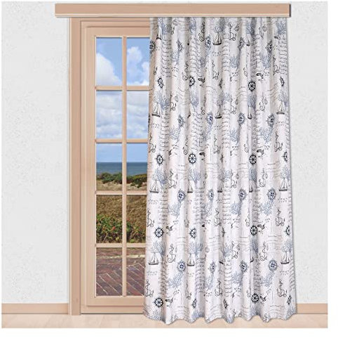 SeGaTeX home fashion Maritimer Vorhang Atlantik Segelboot Möwe und Anker blau-grau exklusiver Dekoschal mit Reihband 220 x 150 cm