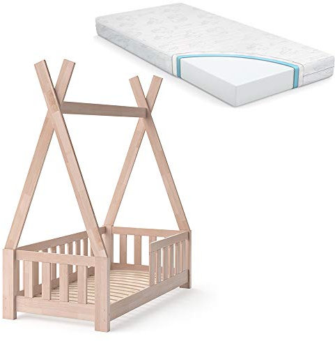 VitaliSpa Kinderbett 70x140 cm Tipi mit Zaun und Matratze - Braun 148x166x76 cm hergestellt aus Holz - Tipi-Bett für Kleinkinder, Geborgen schlafen – Nacht für Nacht