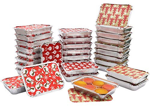Bandejas Aluminio Desechables con Tapas (36 Piezas) 19 x 13,5 x 3 cm Bandeja Horno Aluminio con Tapas con Estampado de Navidad- Molde Comida para Llevar Galletas, Pasteles, Carne, Ensaladas y Postres