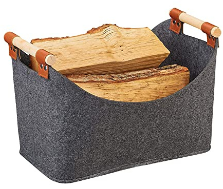 Filzkorb Kaminholz Groß, Kaminholzkorb Modern, Holzkorb für Kaminholz Filz, Filztasche Organizer XXL, Kaminbesteck für Kaminholzregal - Holzkorb Brennholz Kleidung Zeitungen mit 2 Verstärkt Holzgriff