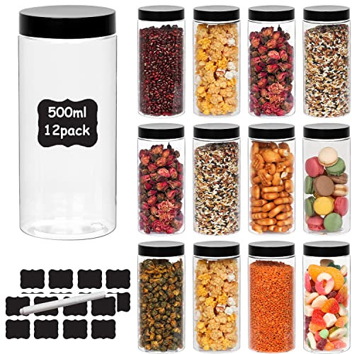 HYCKee 12 Pack Plastic Jars with Black Lids,500ml Plastic Food Storage Jars for Spice Dry Food Snack, Bean,1 Pen and 20 PCS Labels Kitchen Pantry Storage Jar