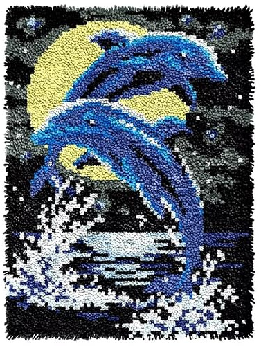 ROCKY&CHAO Knüpfhaken-Teppich-Set DIY-Knüpfhaken Teppichherstellungs für Erwachsene Kinder Kreuzstich Teppichherstellung Heimdekoration 60 * 40 cm （Paar Delfine）