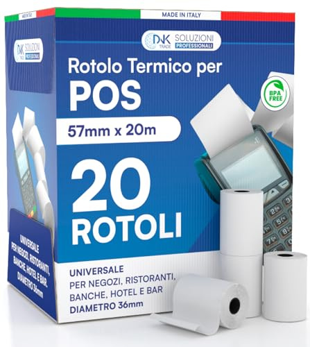 DNK TRADE, 20 Rotoli pos in carta termica di alta qualità 57x20 metri, ideali per i dispositivi POS Nexi, Nexa, Sumup e altri dispositivi POS compatibili. (20)