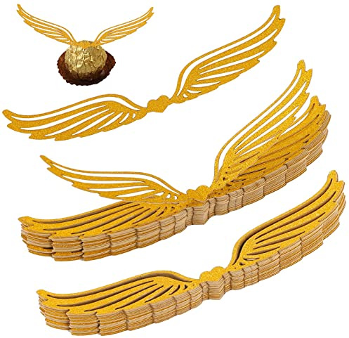50 Stück Golden Schokolade Flügel Party Wings Dekor Zauberer Kuchen Deko Cupcake Topper Schokolade Dekoration mit Klebepunkt für Geburtstag Party