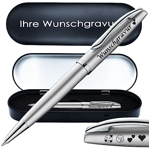 Juwelier Schönschmied PeIikan Kugelschreiber mit Gravur | inkl. Etui mit Wunschgravur (Platz für 10 Stifte) | Emoji Gravur | Jazz Noble Elegance Silber | Wunschgravur mit Symbolen