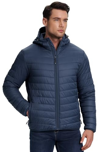 33,000ft Herren Leichte Steppjacke Outdoor Wasserbeständige Übergangsjacke Warme Winterjacke für Männer, Kapuze Wintermäntel Pufferjacke Verstaubar Schwarzblau L