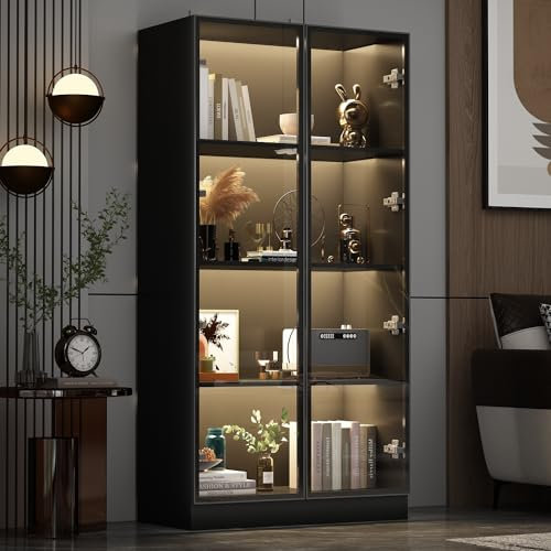 DEZAGCE Glasvitrine mit Beleuchtung, Glasvitrine in Schwarz, Vitrinenschrank Schwarz, Sammlervitrine, Multifunktions-Glasschrank Stehend mit 4-stufigen Einlegeböden，Wohnzimmerschrank 40 x 160 x 80 cm