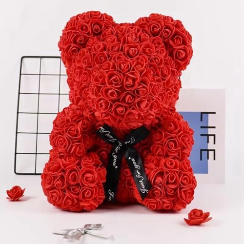 Eldtec Orsacchiotto di rose – Orsacchiotto di fiori rossi per Natale e San Valentino, fiore artificiale alto e decorazione (40 cm)