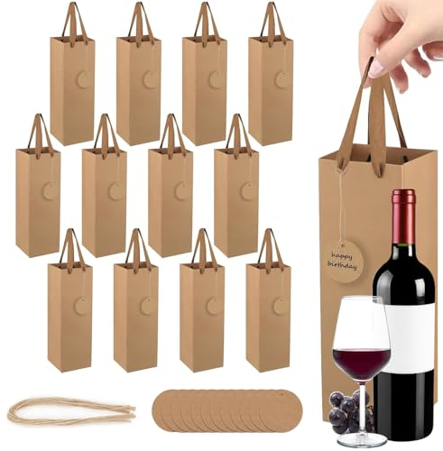 NICKLIN Geschenktüten für Wein mit Karte Hanfseil,12 Stück Kraftpapier Wein Flaschentüten Set,Geschenktaschen Wein Recycelbarer,Weinbeutel Griff,Flaschentüten für Hochzeit Weihnachten Party