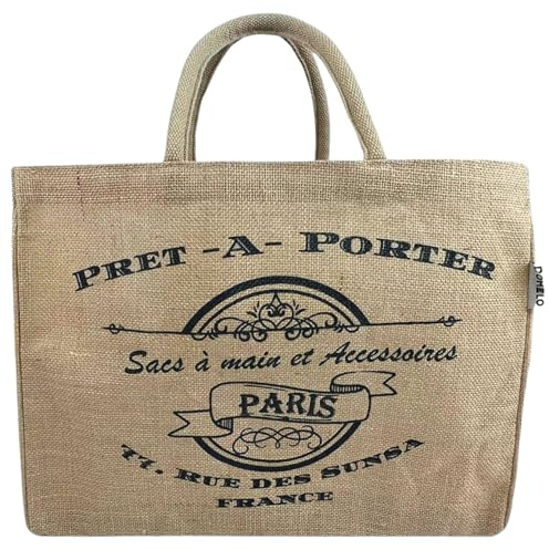 Domelo Einkaufskörbe. Bedruckte Einkaufstasche. Jute Tasche groß. Korbtasche, wasserabweisenden Strandtasche. Jutetaschen Shopper als Shopping bag. Tragetasche (Vintage) | Einkaufskörbe mit weichen Baumwollgriffen, wasserabweisende Einkaufstasche mit viel Platz Jute Shopper mit Reißverschlussfach