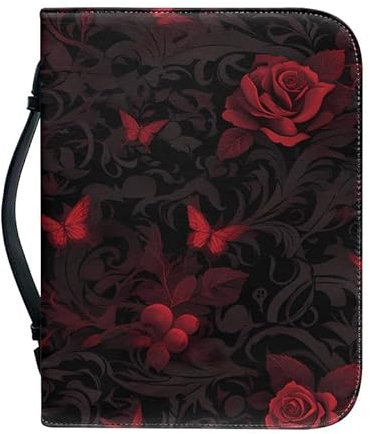 Kuiaobaty Buchhülle für Bibel, Gothic-Rosen, Blumenmuster, PU-Leder, Buchhülle mit Stiftfach innen, Schwarz / Rot