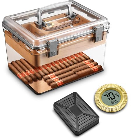 CIGARLOONG Small Acrylic Cigar Humidor for 70 Cigars – Includes Hygrometer, Humidifier & Cedar Wood Tray – Clear Storage Box with Handle, Modern Design for Men’s Gift