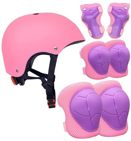 Kinder-Helm-Set, Verstellbarer Skate-Helm, Knieschützer, Schutzausrüstung, Kinder-Skate-Pads, komplettes 7-teiliges Schutzausrüstungsset, schlagfestes Design für 3–10 Jahre, Kinder, Mädchen,