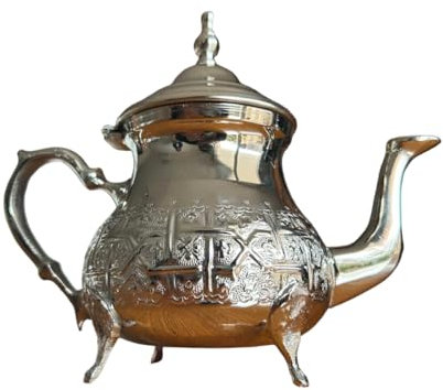 Théière Marocaine Extra Grande en laiton Maillechort Argenté – 800 ml Gravée à la Main, Design Classique de Fès - haute qualité