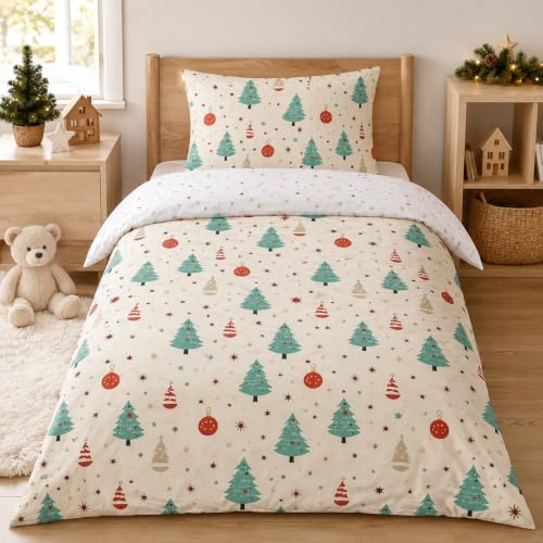 Parure de lit pour Enfant et BéBé Sapin Noël Beige, Housse de Couette 100x135 cm Bebe Motif d'étoile et Taie d'oreiller 40x60 cm Réversible Ensemble de Literie Linge de Lit pour Tout-Petits