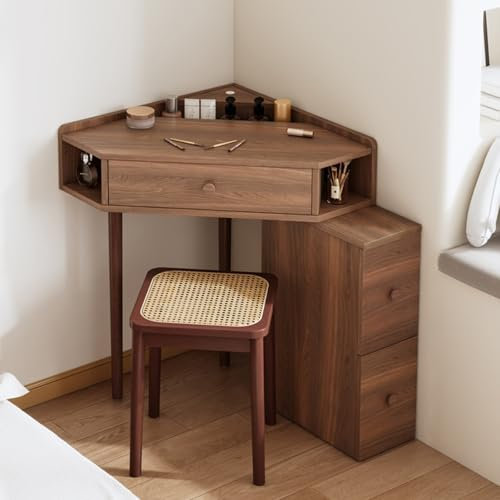 Eck-Schminktisch für Schlafzimmer, mit einstellbarer Helligkeit, Spiegelschubladen, Beistellschrank und Ablagen, Weiß und Walnussholz, 50 x 50 x 78 cm
