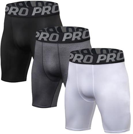 Kompressionsshorts herr 3-pack sport anti-skavning underkläder baslager shorts snabbtorkande löparshorts cykling tights för träning atletisk rugby kort skyddande benskinn, Svart+grå+vit, M