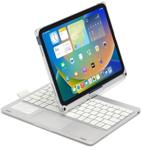 kaidisen Um 360 Grad drehbare Tastatur für iPad 10. Generation 2022, 11 Zoll Tastaturhülle mit Touchpad, 7-farbige Hintergrundbeleuchtung, faltbare Tastatur, 360 Grad drehbar, silberfarben