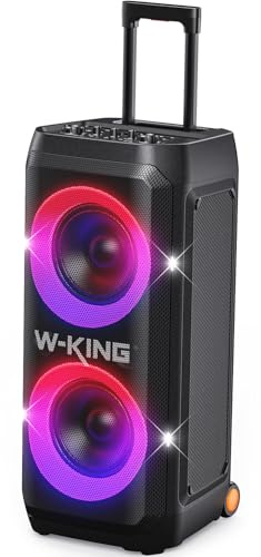 W-KING Tragbare Bluetooth-Lautsprecher-Box mit 370W MAX Pro Sound, Lichtshow, CSB, Bass Boost, Rollen und Teleskopgriff, 25H Laufzeit, Schnellladung, MIC&Guitar in,Party Lautsprecher für innen&außen