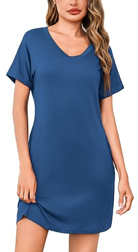 Litherday Damen Nachthemd Kurzarm Baumwolle Negligee Loose fit Schlafhemd Nachtwäsche Kurze Schlafshirt Nachtkleid mit Taschen Blau XL