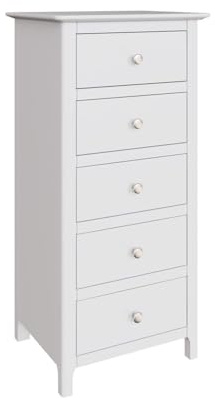 FWStyle Palma White 5-Drawer Tall Slim Chest of Drawers – Fully Assembled Narrow Storage Unit with Smooth-Glide Drawers & Brushed Metal Handles – Compact Bedroom Furniture