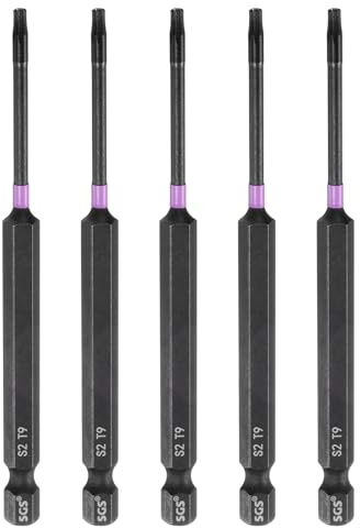 sourcing map 5pcs T9 Torx Testa Cacciavite Impact Bit 1/4 Hex Shank 4 (100mm) Lungo Magnetico Senza Foro A Prova di Manomissione 6 Point Star Screw Driver Punte da Trapano Fosfato S2 Acciaio