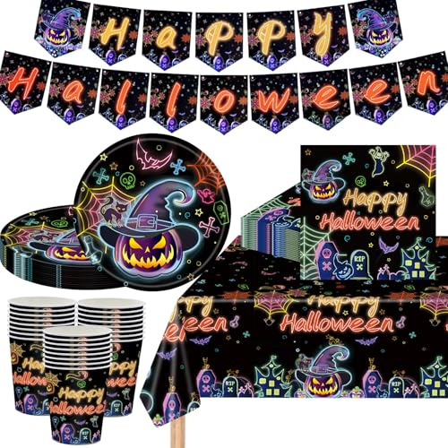 MOMAHUA 69P Néon Vaisselles Fête Halloween,Glow Thème Joyeux Halloween Vaisselle Kit avec Assiettes Papier Tasses Serviettes,Nappe,Bannière,Fournitures de Fête Néon Décoration Table 16 Invités