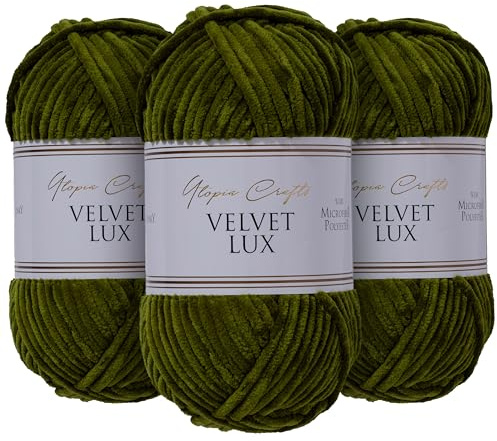 Utopia Crafts Velvet Lux Chenille supermjukt tjockt garn för stickning och virkning garn 3 x 100 g (mörk oliv)