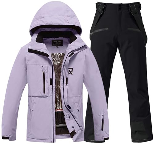 HOUZONIY Tuta da neve da donna, Set giacca da sci & pantaloni da sci da donna, Tuta da neve impermeabile calda con cappuccio rimovibile per sciare e fare snowboard, M