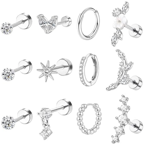 TYXHXTF 12 Pcs Earrings for Women, Ear Piercing Helix Tragus Cartilage Multiple, Piercings Tragus Helix Cartilage Ring Set, Small Earrings for Women, Silver