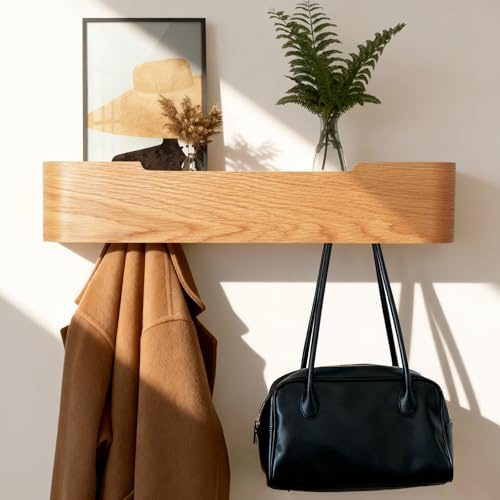 FURNAWAY Wall Coat Rack Floating Shelves Modern Coat Rack Wall Mount with Storage Entryway Shelf Wooden Hanger 20 Inch 4 Hidden Metal Hooks for Living Room Bedroom (Oak, 5 Hooks)
