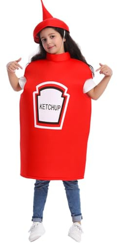 Muteitt Costume De Ketchup Drôle, Combinaison De Bouteille De Condiment, Costume De Bouteille De Ketchup Rouge avec Chapeau pour Enfants, Fête d'halloween Cosplay