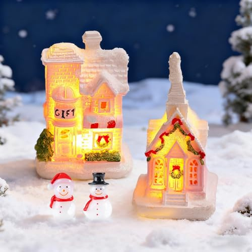 GAROMIA Weihnachtsdorf mit Beleuchtung 2 Stück Mini Lichthaus Gästehaus Weihnachtshaus Deko Weihnachten Kleine Haus Deko Weihnachtsdeko Innen Mini Weihnachtsstadt Außen Garten