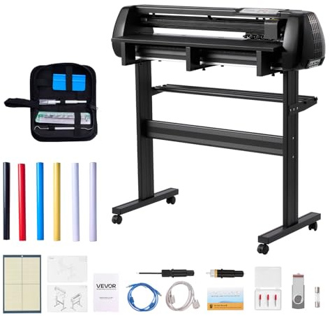 VEVOR Vinyl Cutter Machine, 34 inch Max Feed Width, Dual Blades, Adjustable Force and Speed, LED Display, Vinyl Plotter Cutter Printer Bundle with Sticker Sheets, Transfer Film, Signmaster Software