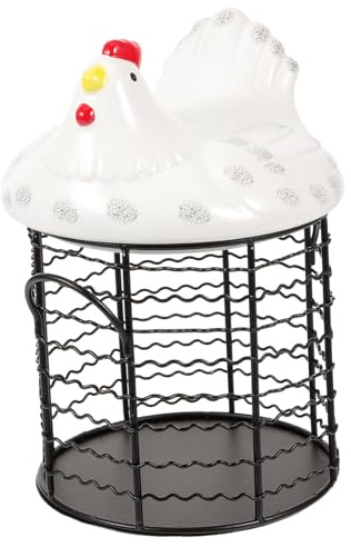 VALICLUD Ceramic Hen Shaped Egg Basket with Iron Frame Convenient Food Storage for Eggs and Fruits Farm-style Design for Kitchen Countertop Use
