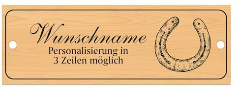 Dekolando Stallschild Boxenschild Hufeisen personalisierbar mit Wunschtext Pferd Pferde – Stalltafel aus Kunststoff in Holzoptik – 20 cm × 7,5 cm