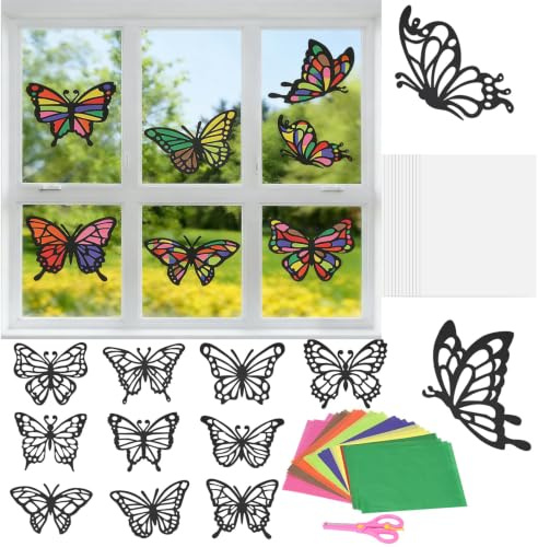 srclo 12 Stück DIY Bastelset für Fensterbilder mit Schmetterlingen und Frühlingsmotive - Kreative Bastelvorlagen für Geschenke zu Sommer und Frühling Party